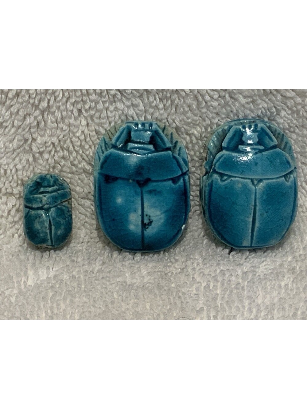 Beautiful Carved Blue Scarab Beads - Set of Three - 2@1”L/1@1/2”L